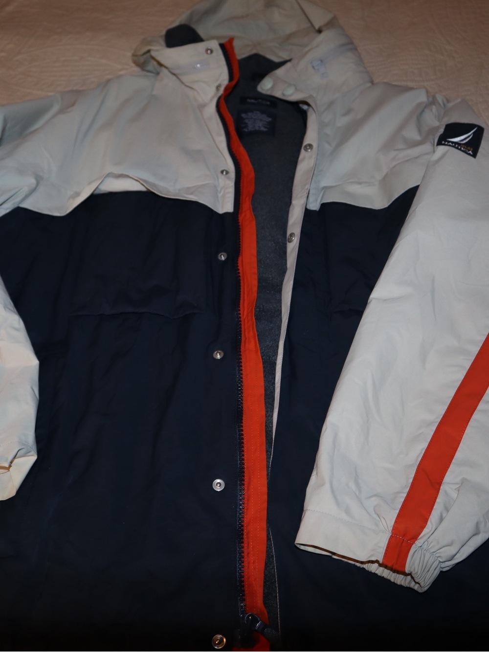 Nautica Navy and White Hooded Raincoat with Orange Trim